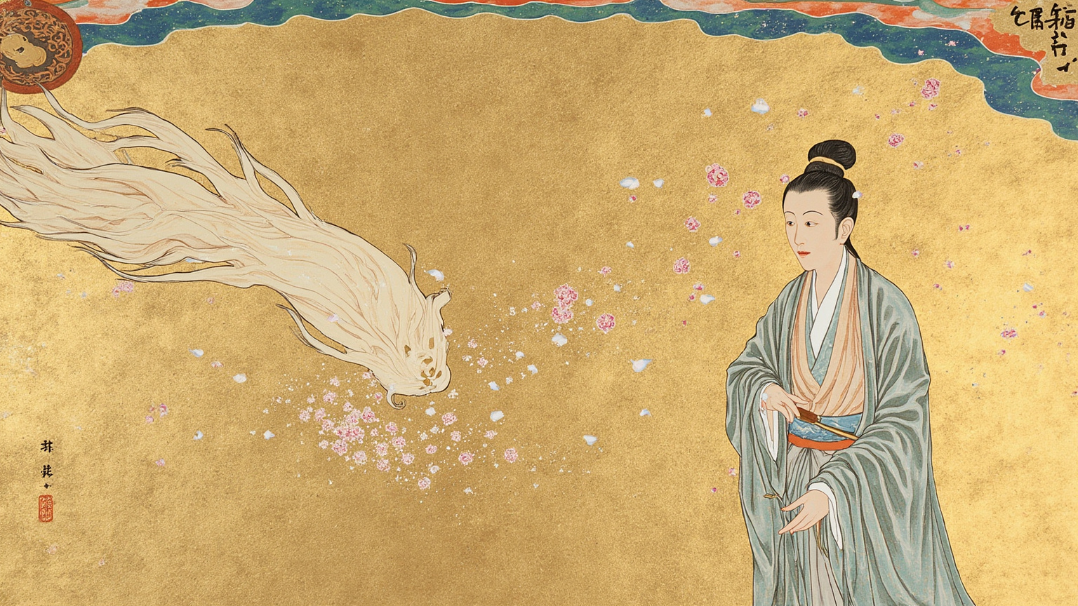 方丈室内的法会场景，半空中飘落漫天花瓣。花瓣擦过少年菩萨相的天衣飘落地面，却黏在一身素净僧衣的中年比丘肩上。比丘伸手去拂，衣上花瓣不掉，对面一位天女侧身相顾，神情从容。