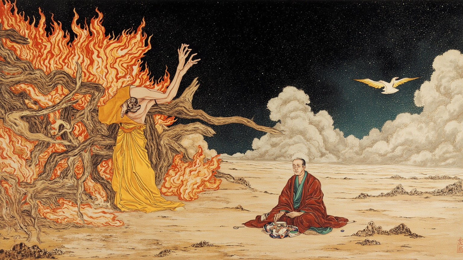 烈日下的旷野，修行者被长者掴掌后跌坐于地，一手撑地，仰面望天，远处尘土飞扬，氛围凝重但克制