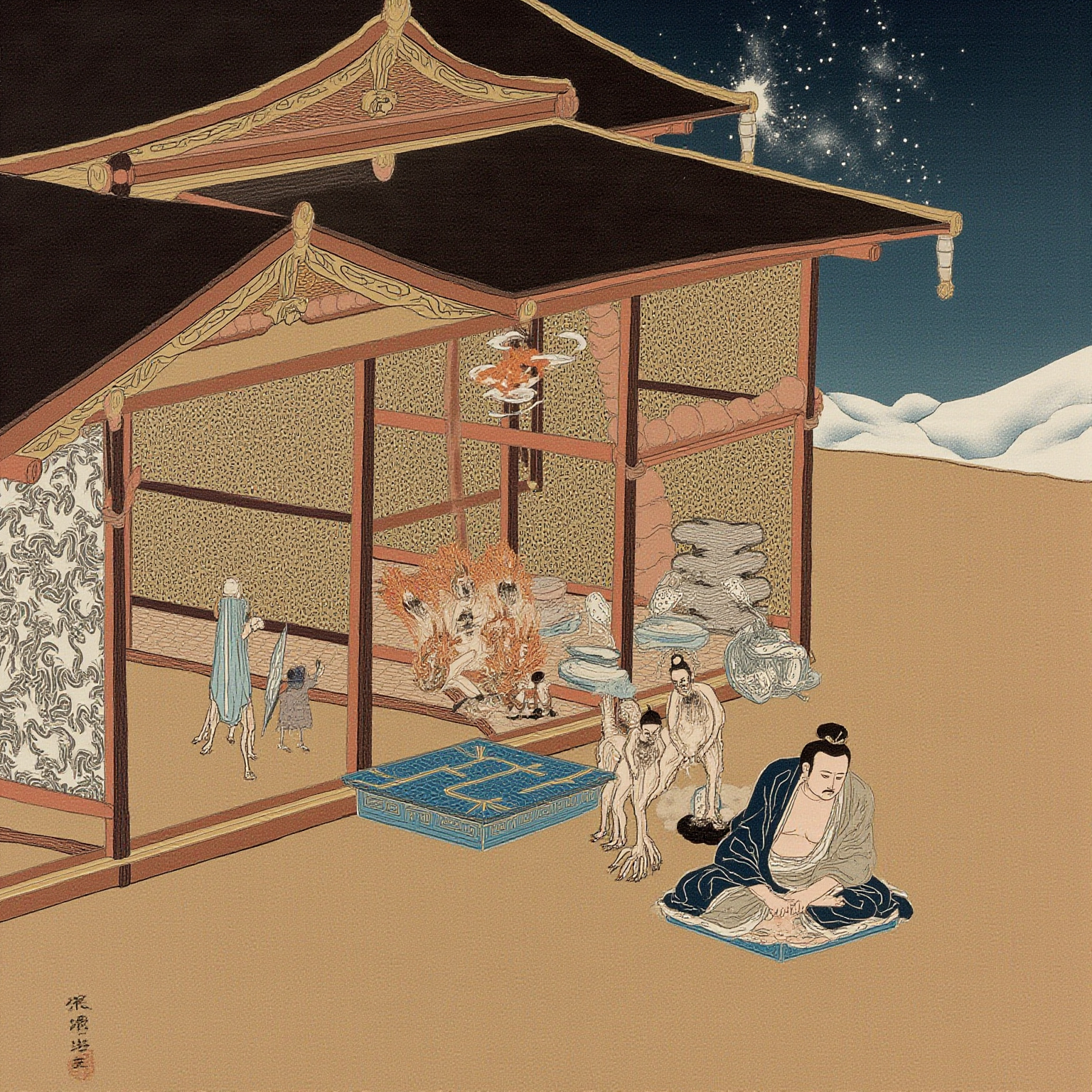 印度传统小屋内景，修行者盘坐蒲团入定于禅定之相，身后墙上挂有经幡，窗外透入柔和光尘，画面传达静虑而非身体内部细节