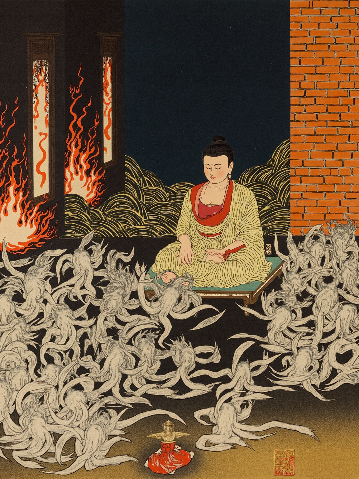 那烂陀寺讲堂，砖墙高窗透进斜光，一位身着袈裟的修行者盘坐蒲团之上，膝上摊着贝叶经函，目光低垂，似在自我检视