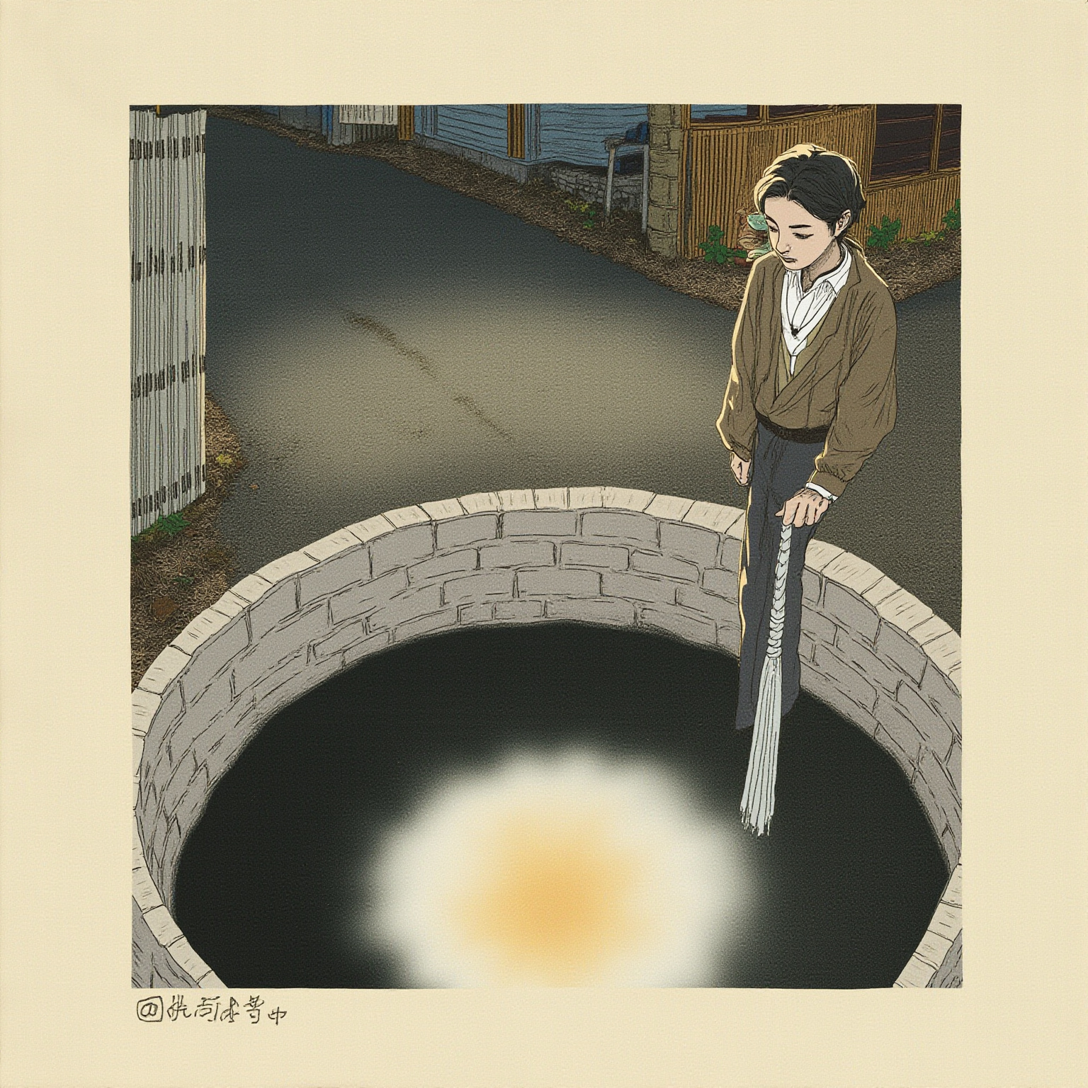 整个世界收缩成世田谷区的一片安静住宅区：小巷、旧式庭院、井盖、便利店的灯光。看上去和普通东京没有两样，只是地下多了一口看不见底的井。