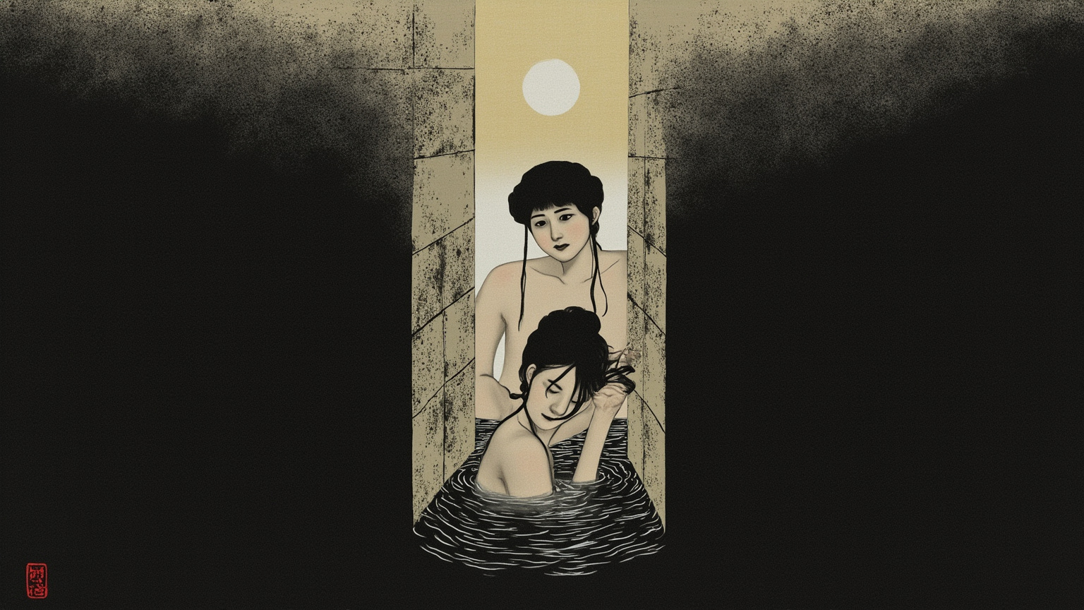 井底全黑的画面里，唯一的光源是头顶那一小片圆形天光。一个年轻女人从黑色的井水中半浮出来，长发贴在肩上，皮肤发亮。井壁是斑驳的旧石。