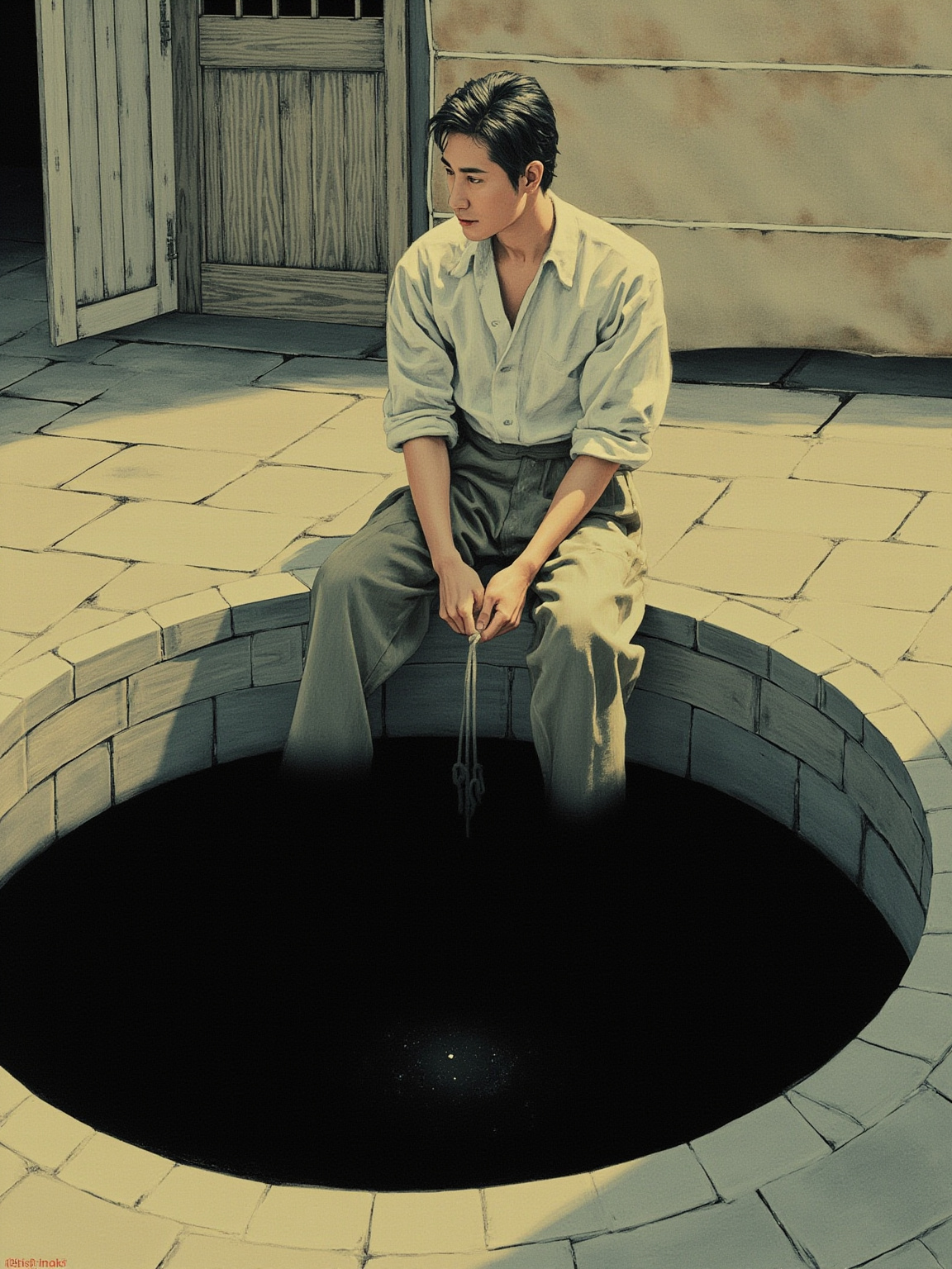 我在井口坐下来等。我不再去想找得到还是找不到她了。只剩下那口井，井口那一小片圆形的天，和我自己的呼吸声。