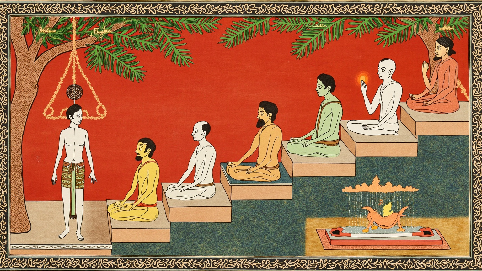 The eight limbs are yama, niyama, āsana, prāṇāyāma, pratyāhāra, dhāraṇā, dhyāna, samādhi.