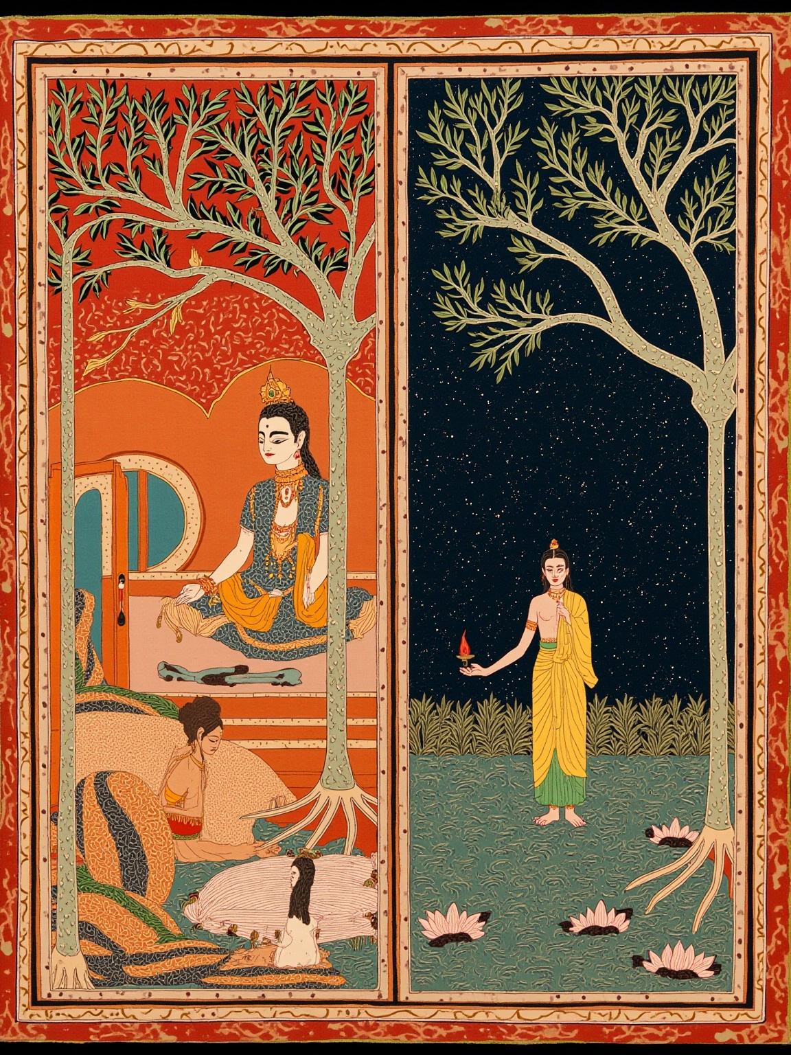 并置的两幅画面：左侧是一位修行人在室内做呼吸记录——面前摊开贝叶经、用绳结计数；右侧是同一位修行人走出屋外，在星空下合十，面前一盏小油灯——同一人的"技术"与"虔敬"两个侧面