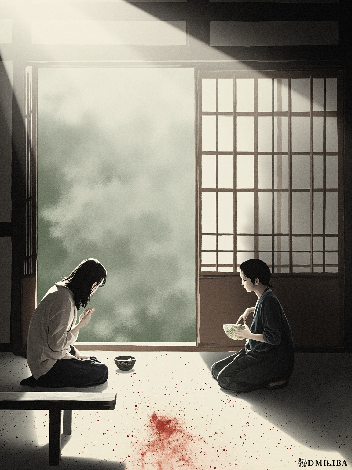 古寺茶室内景，午后斜光穿过纸窗，栗本跪在茶釜前回头说话，菊治对坐低眉，茶室外隐约可见庭院苔藓