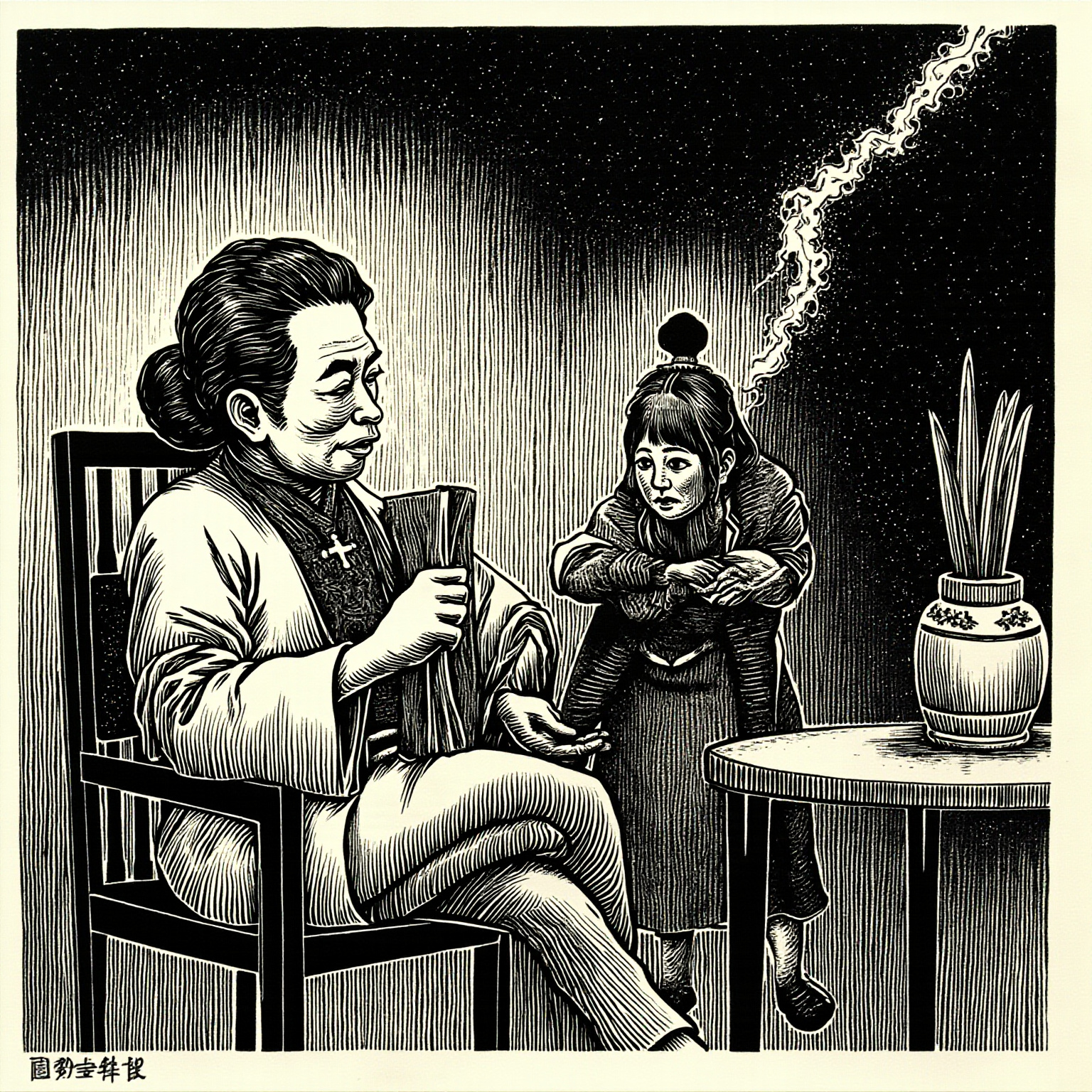 一间阴沉的中式厅堂，太师椅上的中年男人神情冷漠，手里捏着一份工人名册；对面站着一位穿粗布工装的年轻人，正用力拍着桌子、青筋暴起地指着对方——两人之间隔着一张厚重的红木茶几，像隔着一道看不见的血缘。