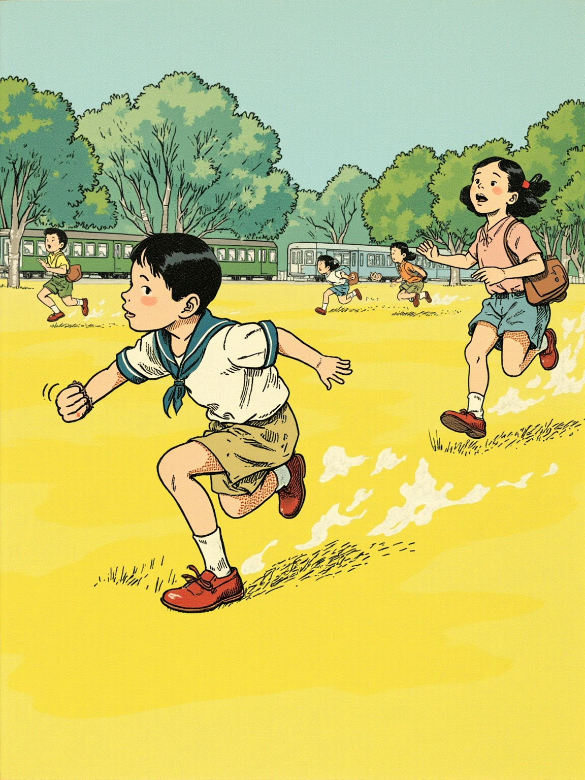 校园运动会的彩色插画风场景：孩子们在跑在笑在跳，远处电车教室静静停在树边——色调明亮、纸感柔软。