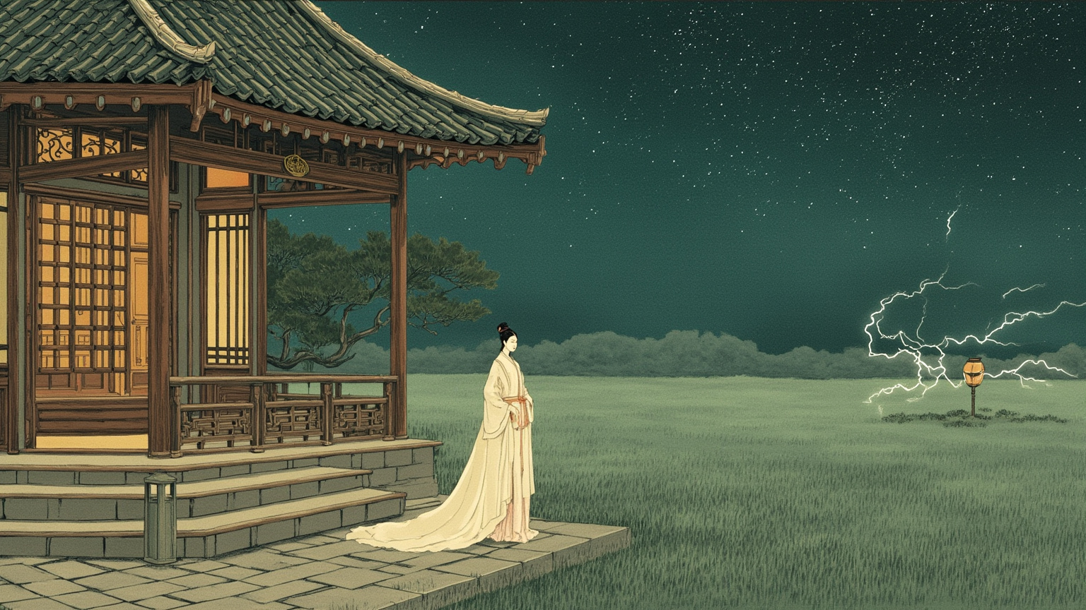 The empty room kept its single lamp; the brocade letter clung to the lintel — and what returned was not the bride, but only the relic of her, and the silence that walked in her stead.