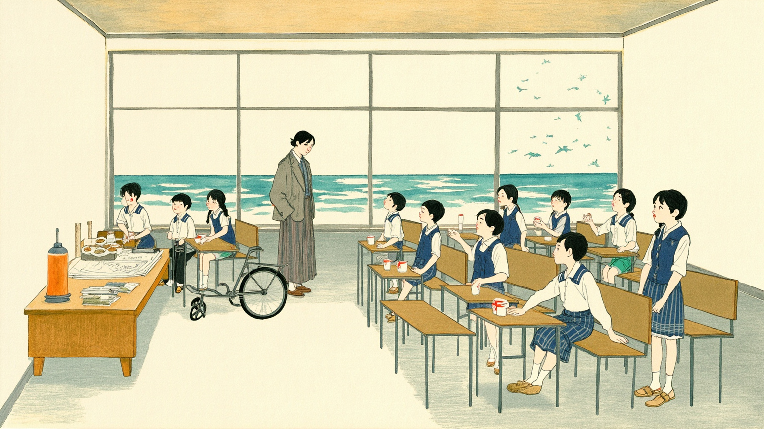 一间朴素的临海白墙教室里,十二个渔村孩子坐在矮桌和长椅之间,大石先生手拿点名簿,窗外能看见青绿色海面,日常气氛温暖却短暂。