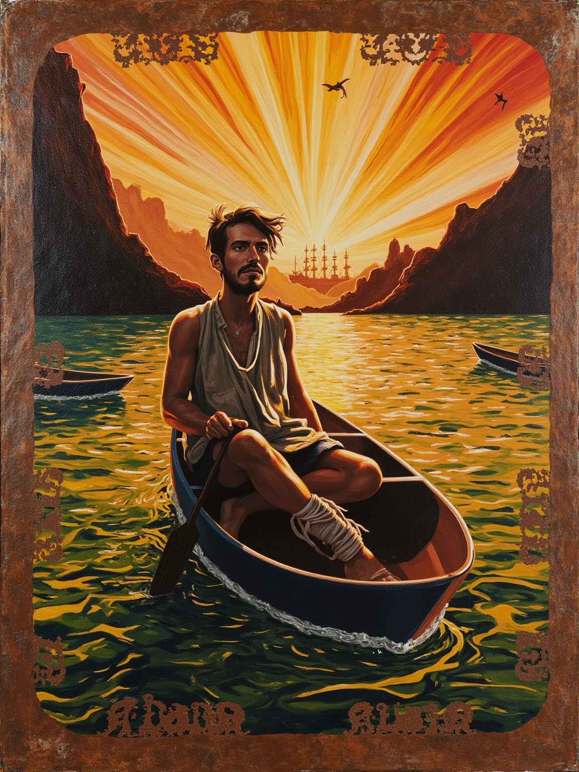 白人水手坐在驶离海湾的小艇上，回头望暮色中的山谷轮廓，长发被海风吹到脸前，捕鲸船在远处等，海水泛着金红光