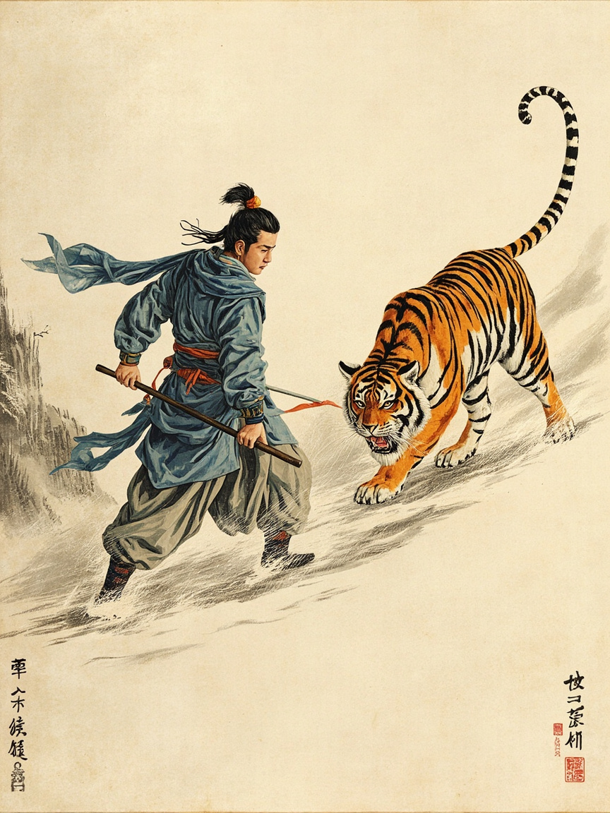 景阳冈山道黄昏,一人手提哨棒赤手空拳与一只斑斓猛虎对峙,虎爪扬起,沙尘飞扬;人物背肌弓起,浑身紧绷;色调深赭与暮金,野性而紧张。