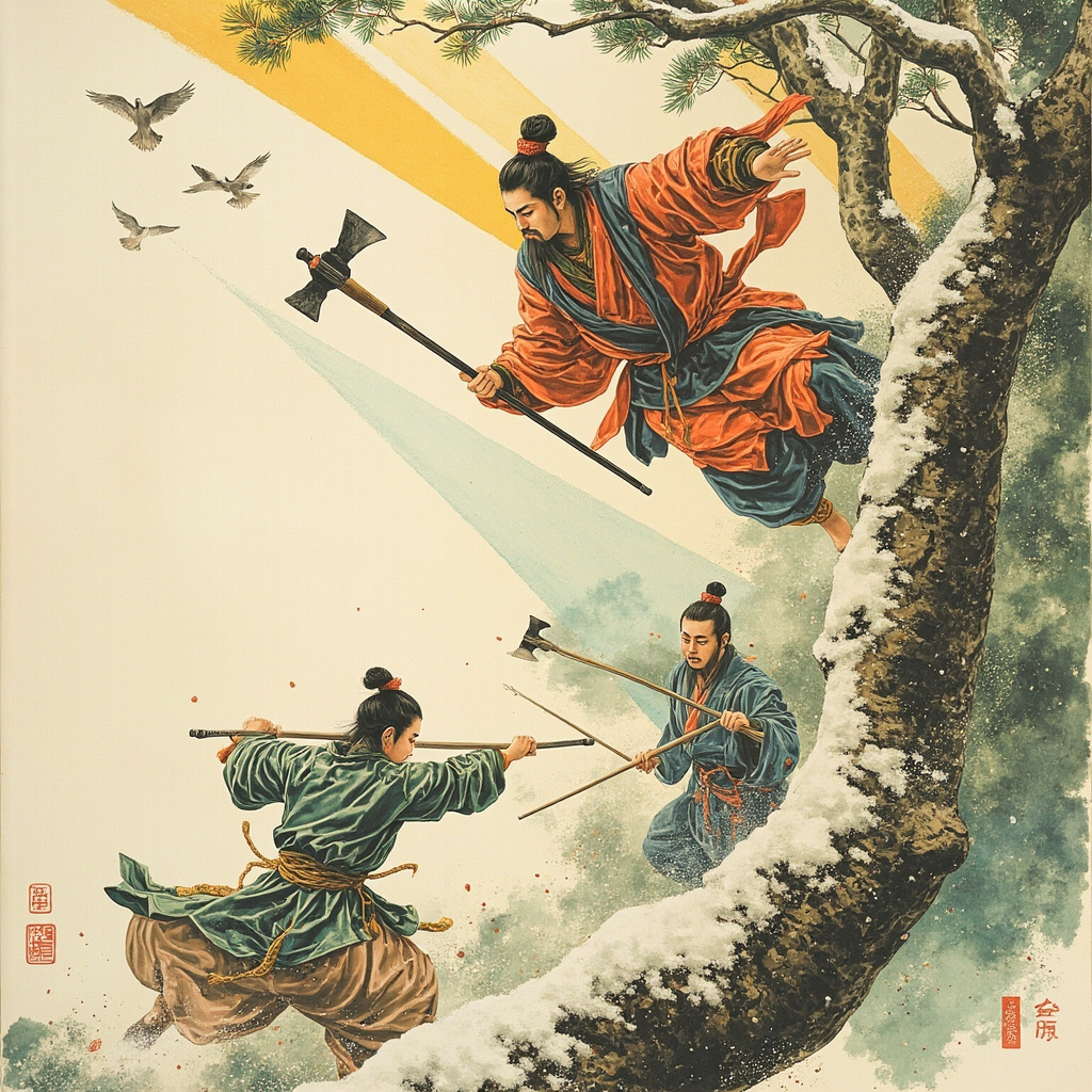 苍莽野猪林中,两个押差正要用滚水泼烫被绑在地上的男子(林冲),一个魁伟光头和尚从松树后挥禅杖跃出,身形如铁塔压下;林间光柱斜照,飞鸟惊起;色调深绿与土黄,对比冲撞。