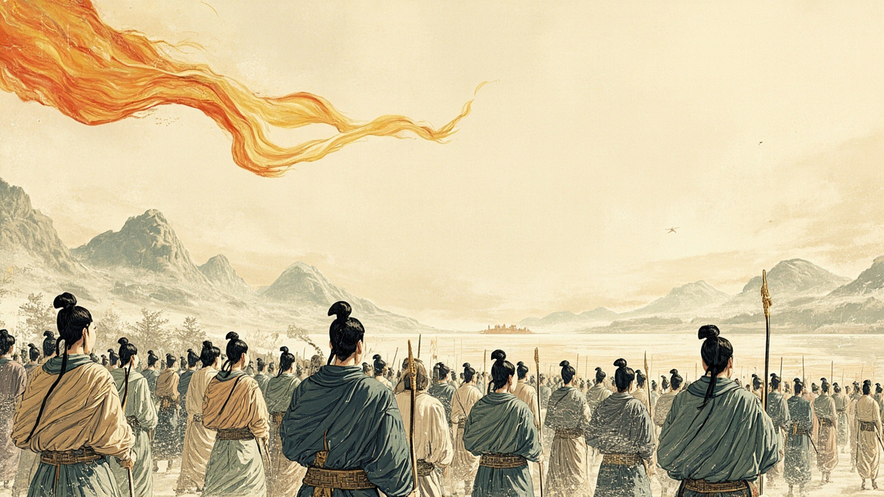 梁山泊忠义堂前,一百零八将依石碣天书排成长列向大厅进发,前方杏黄大旗猎猎飘扬;湖面波光粼粼,远山如黛,人群壮阔;色调浓烈鎏金与水蓝,气势磅礴。