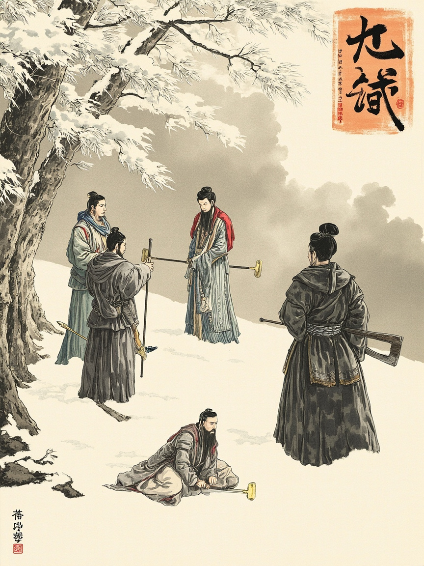 梁山聚义厅烛火昏黄,宋江居中正襟危坐,一手握着朝廷招安诏书,身侧李逵怒目圆睁拍案而起,武松抱臂冷目而视,鲁智深低头拨弄念珠;光线明暗交错,气氛紧绷;色调暗朱与墨黑。