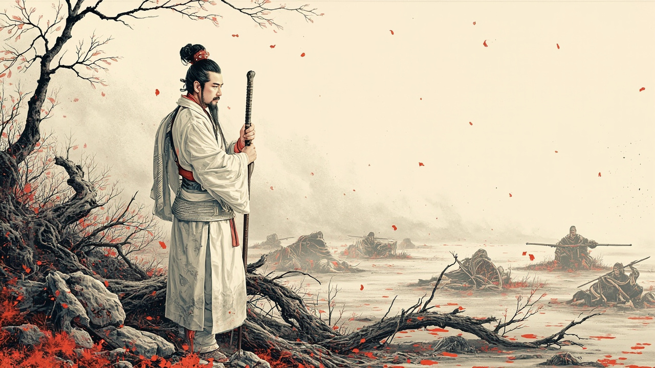 江南战场血水与秋雨交加,残旗斜插泥泞,披甲武士尸横遍野;一位断臂英雄(武松)独立远望,拄着半截戒杖;色调灰血红黑,壮烈凄凉。