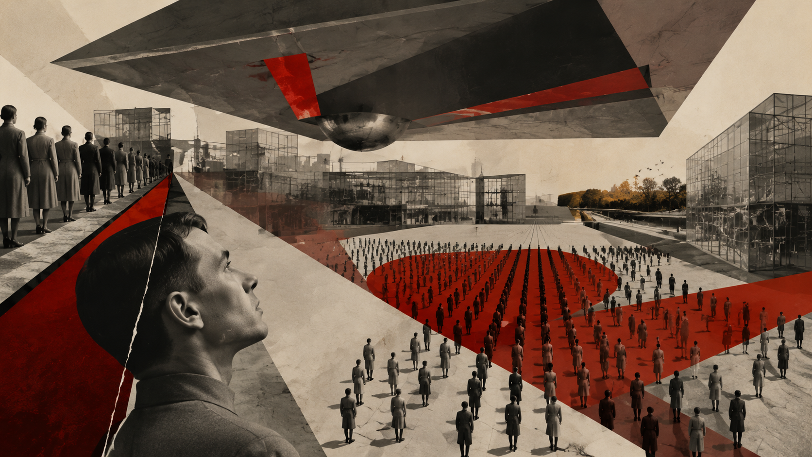 灰色清晨的城市广场上空，一台金属巨物悬浮覆盖在玻璃建筑之上，地面的人被整齐地引导向某处，秩序井然而冷漠