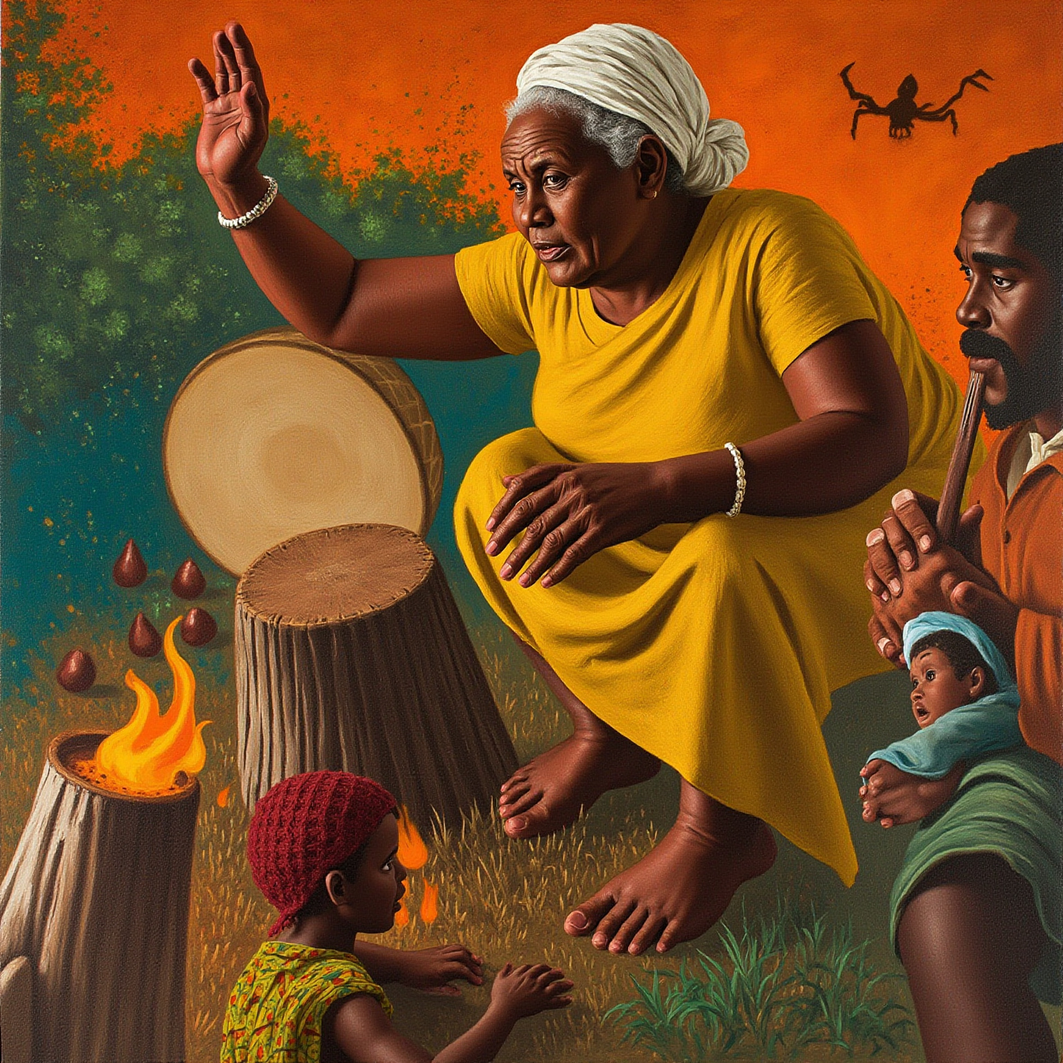 So the old people of the town gathered round the storyteller, and the drums began to talk too.
