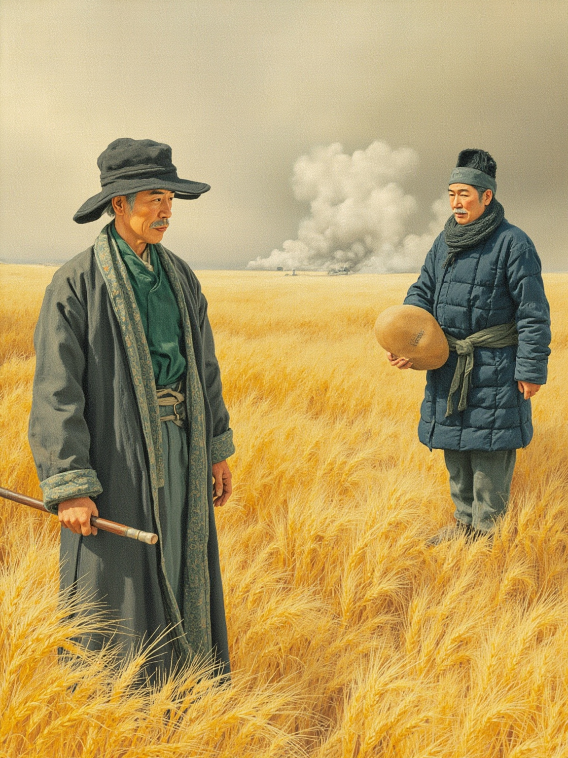 关中平原上的一场麦收，远景是两座并排的大宅院炊烟相接，中景是金黄色的麦垛和扬场的老农，前景是打谷场上两个中年男人对视而立，气氛暗流涌动
