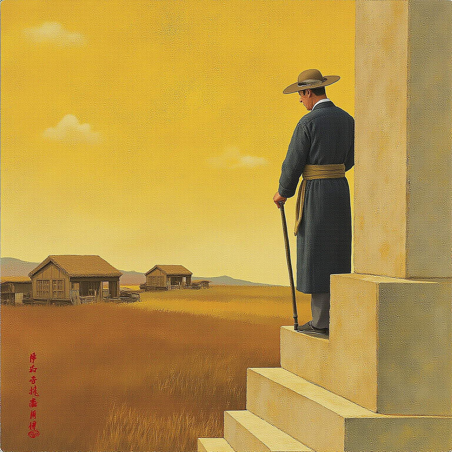 解放初期关中原上的土改会场外景，远景是被押解的犯人剪影，中景是举着标语的人群，前景是白嘉轩独自站在祠堂石阶上望向天边，暮色苍茫，腰背依然挺直