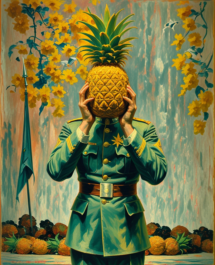 等到副官直起腰，他手里已多出了一只菠萝。他一只手掐住水果的蒂，另一只手攥着它的“尾巴”，把它亮给所有人看，那架势和将军拎着第二只鹅向众人展示时如出一辙。