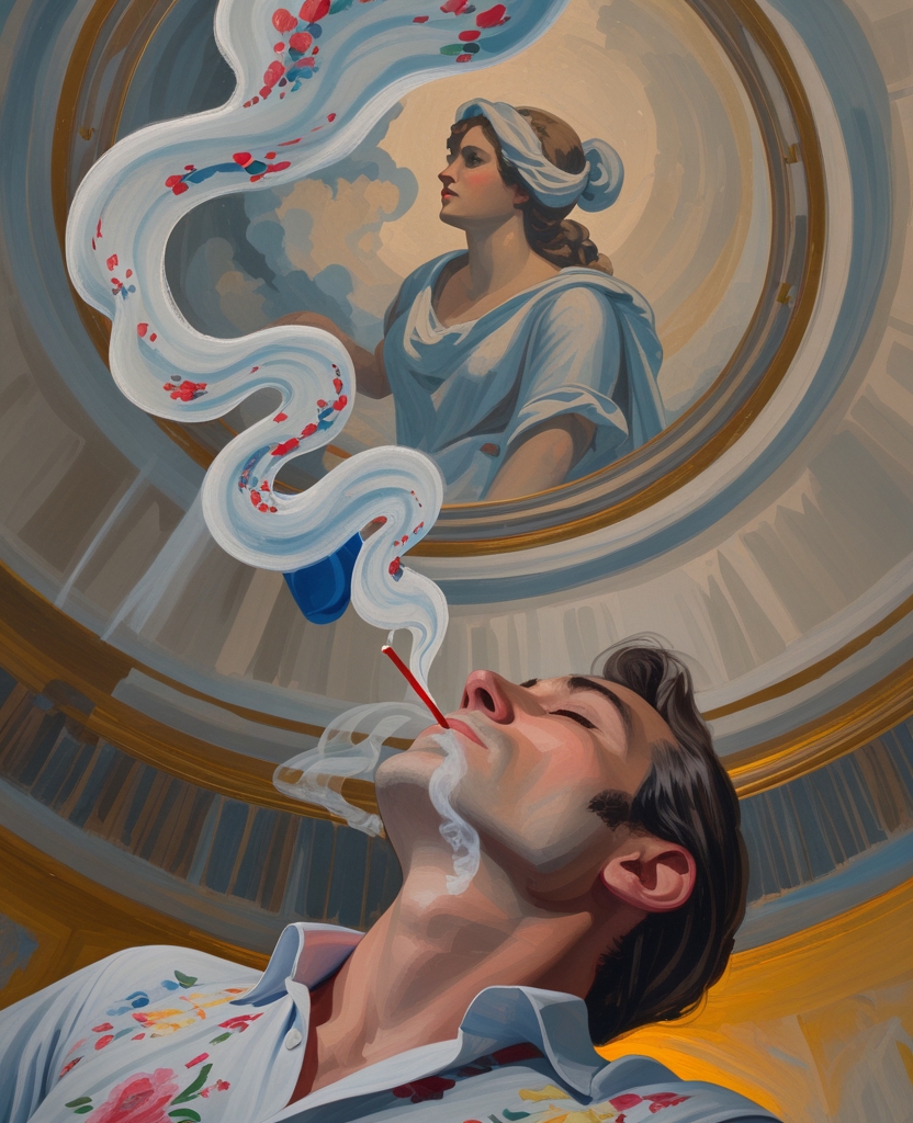 他吸了一口，看着缭绕的烟雾往天花板升去，而屋顶画像中的缪斯也正从云端往下俯视。