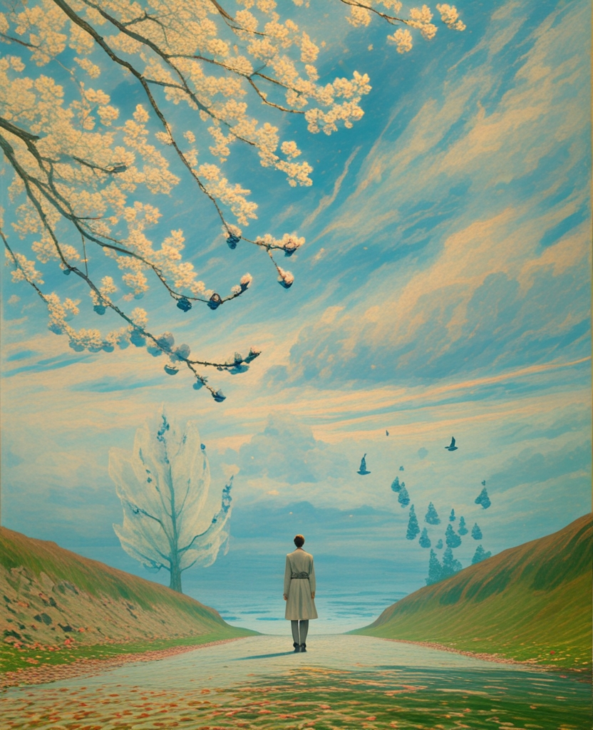 碧蓝的天空下，微风在轻轻地吹，苹果树上花满枝头，而我一个人站在车道上。