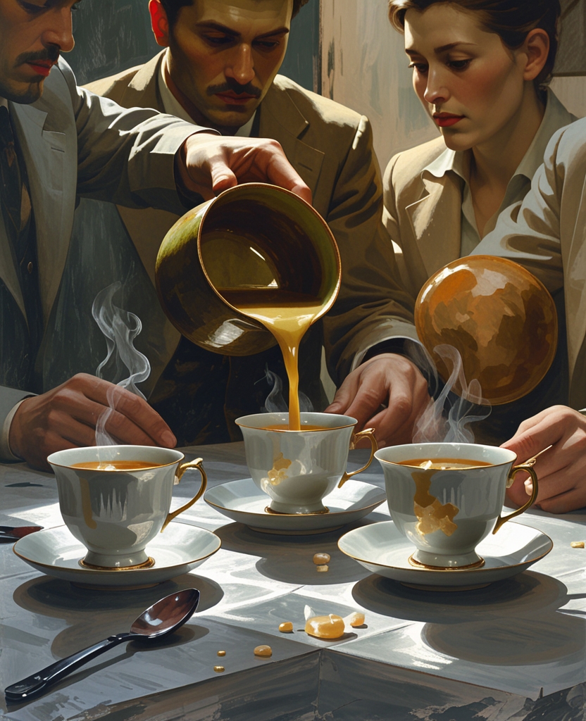 桌上有三只茶杯。埃米尔把汤舀到其中的两只杯子里，给他的两位同事品尝。