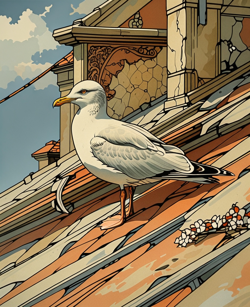 Later, my attention was caught by a squawking seagull that had alighted on the roof.