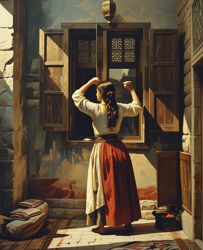 Shekure stepped out into the hallway and was forcing the wooden slats of the window trying to throw open the shutters so her shouts could be better heard throughout the neighborhood.