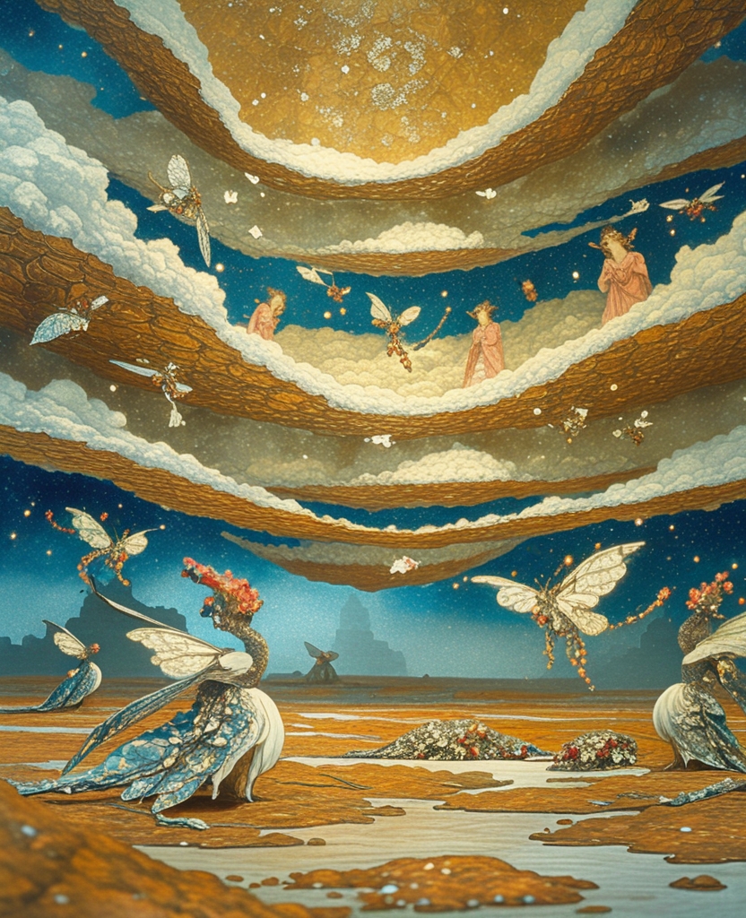 We ascended through the seven Heavens, passing varieties of gatherings, peculiar creatures, marshes and clouds swarming with an infinite variety of insects and birds.