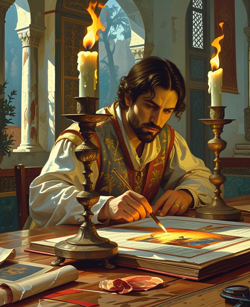 Next, as if the room were dark, he placed beside me two large candle holders whose portly tapers burned with bobbing and twittering flames so I could study the paintings in question.