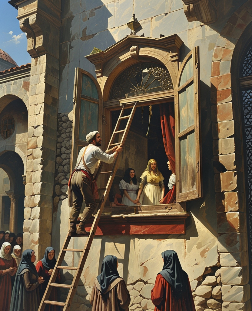 Above us, a smirking carpenter, reattaching the shutter of the hall window, which fell and broke for some unknown reason that morning, was also eyeing both us and the women mourning inside.