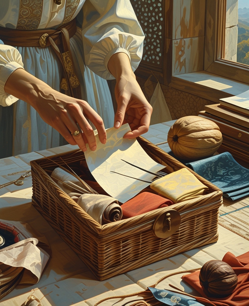 She removed a folded piece of paper from a lidded wicker box, which contained embroidery needles, pieces of cloth and a large walnut.