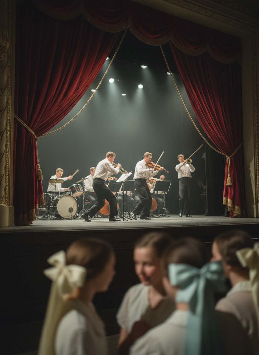 sprang the lights, an orchestra plunged into