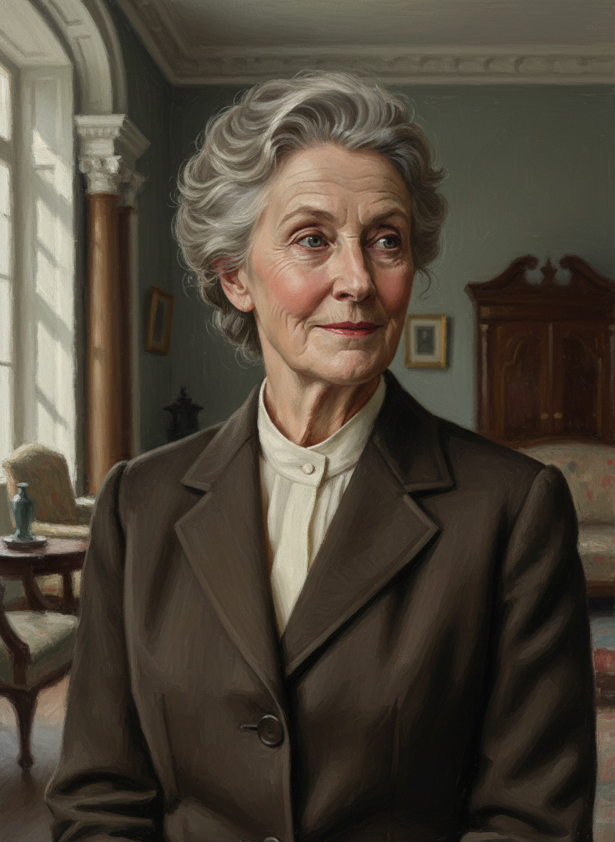 and talking to Angela Sutcliffe, a tall, gray-haired woman with a mischievous mouth and fine eyes.