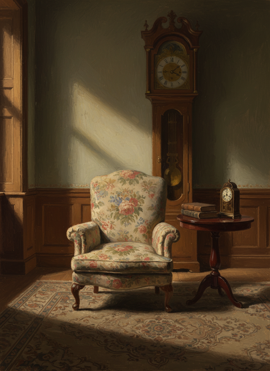 sitting room with its faded chintzes and its