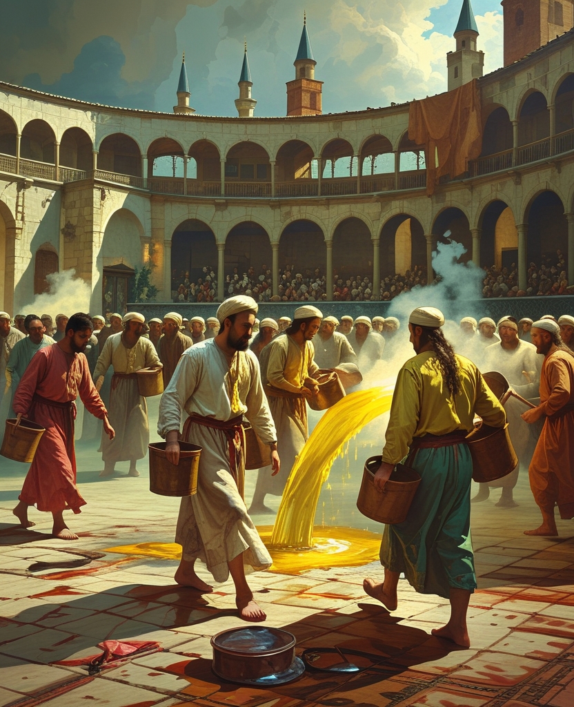During this episode of wrath and destruction, water bearers ran out to settle the dust raised in the Hippodrome, and a group of men appeared shouldering leather sacks full of linseed oil to pour over a mob ready to attack the ambassador, in hopes of pacifying it.