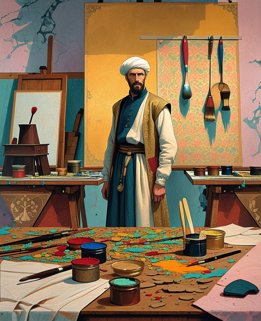 Unlike my work area and that of many other master miniaturists, his was a filthy confusion of paints, brushes, burnishing shells, his folding worktable and other objects.