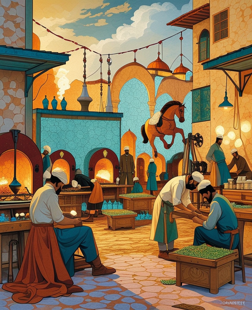 Like myself, he too would watch master glassblowers turning their rods and blowing glass melted in ovens to make blue pitchers and green bottles; he saw the leather, needles and wooden molds of the shoemakers who bent with rapt attention over the shoes and boots they made; a horse swing tracing a graceful arc during a holiday festival; a press squeezing oil from seeds; the firing of our cannon at the enemy; and the screws and the barrels of our guns.