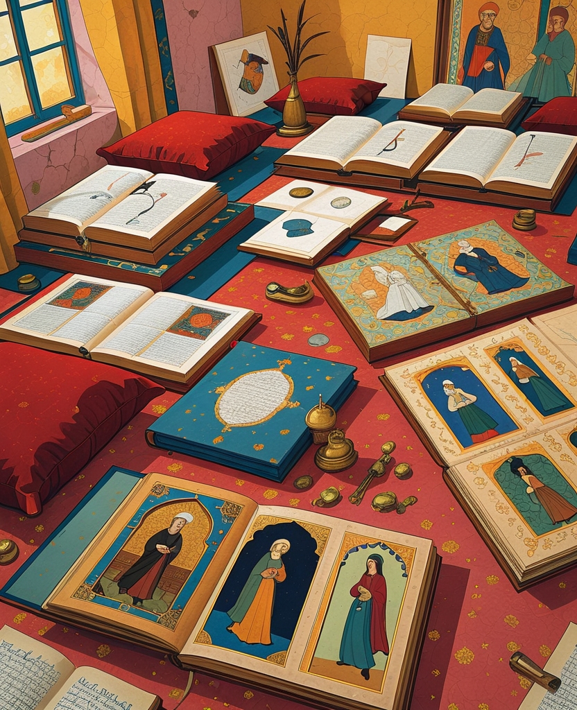 Resting upon folding worktables, desks and cushions were all the pages he was working on: illustrations for Our Sultan’s books, for me, for miserable costume books that he dashed off for foolish European travelers eager to belittle us, one page of a triptych he was making for a pasha who thought highly of himself, images to be pasted in albums, pages made for his own pleasure and even a vulgar rendition of coitus.