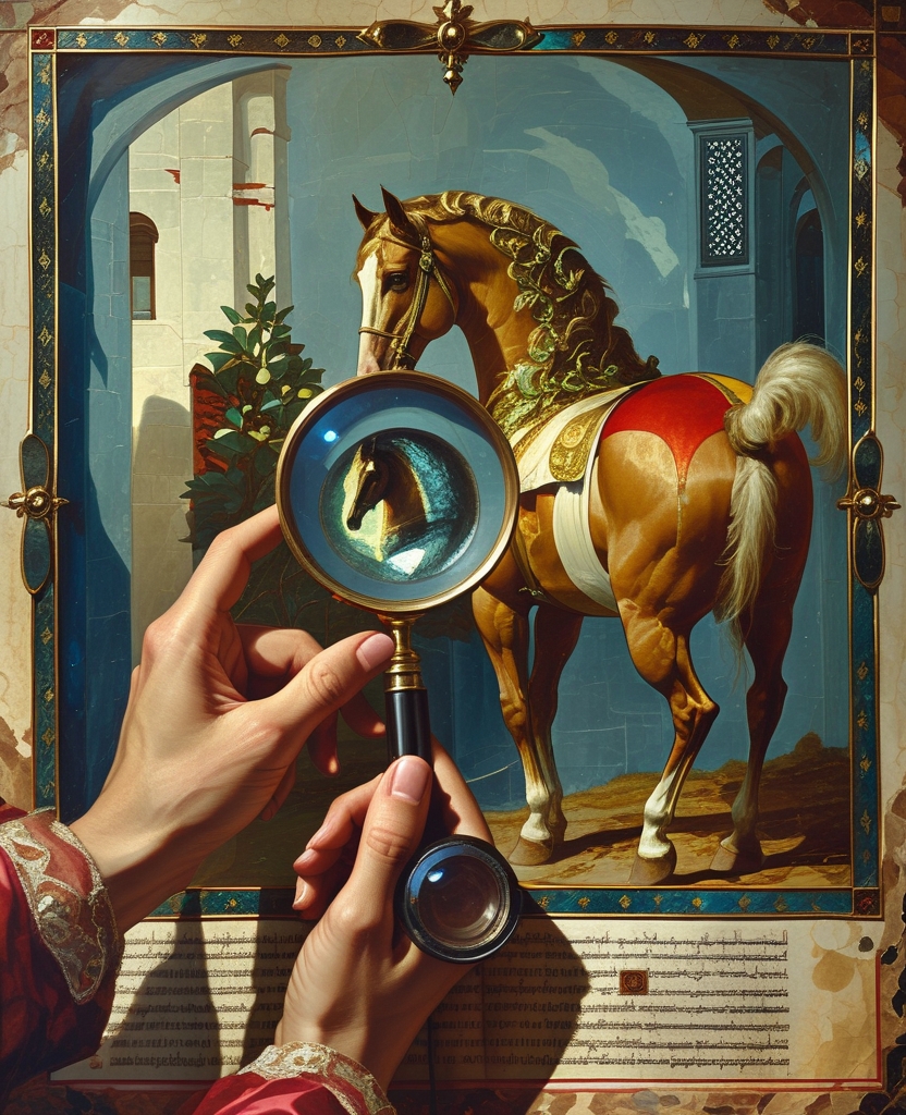 He was ever so slowly moving the magnifying lens over the spectacular horse as if he were trying to discover the location of a treasure on an old map meticulously rendered on calfskin.