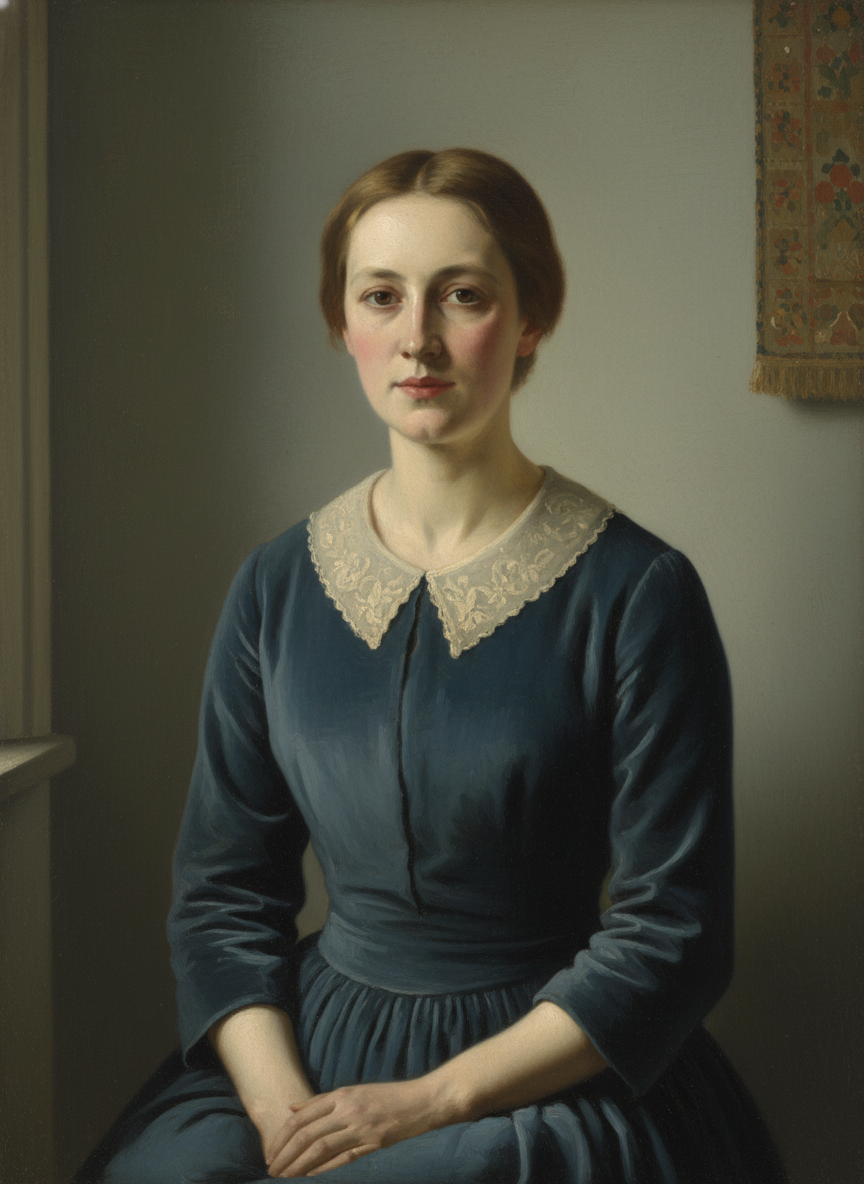 with the sloping shoulders, the soft brown of her eyes, her complete absence of makeup.