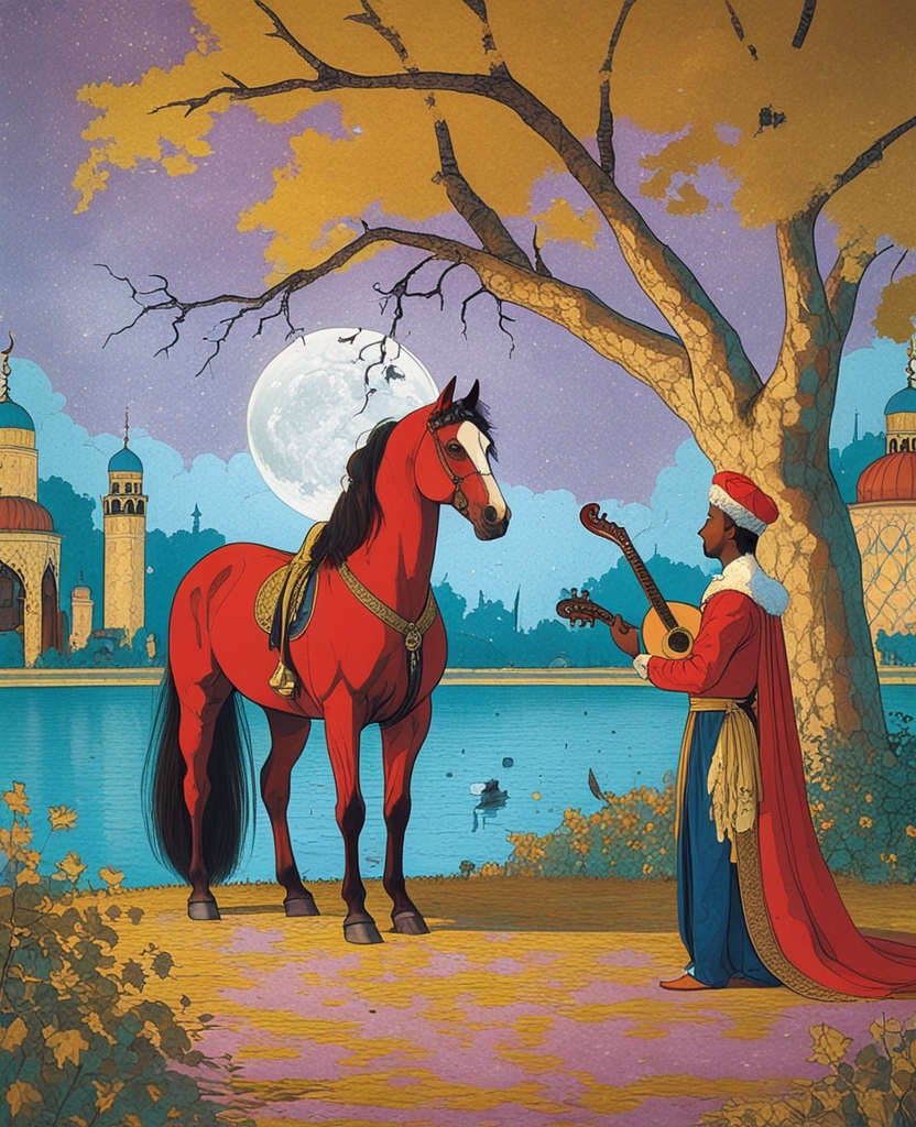 a red horse who politely turned his ears to the lute that a royal pageboy was strumming under a tree; Shirin’s horse, Shebdiz, as bashful and elegant as she, waiting for her while she bathed in a lake by moonlight;