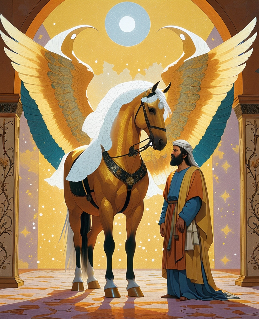 the sun-colored, golden, winged horse which Allah sent to the prophet Elijah to protect him from an attack by the pagans—whose wings had been mistakenly drawn on Elijah;