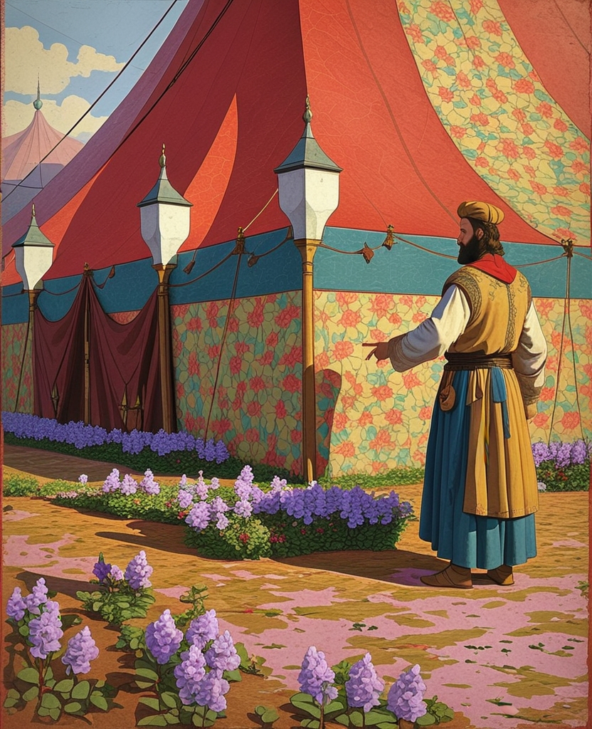 “These are by Kasım from the Kasım Pasha district!” he said once, pointing out the little purple flowers at the base of the red war tent of Our Sultan’s grandfather Sultan Süleyman.