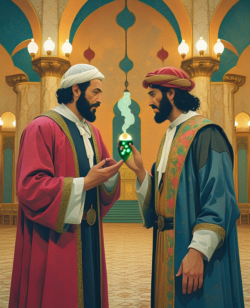 One of the two doctors competing in the presence of their sultan—the one often depicted in pink—made a poison green pill strong enough to fell an elephant, which he gave to the other doctor, the one in the navy-blue caftan.