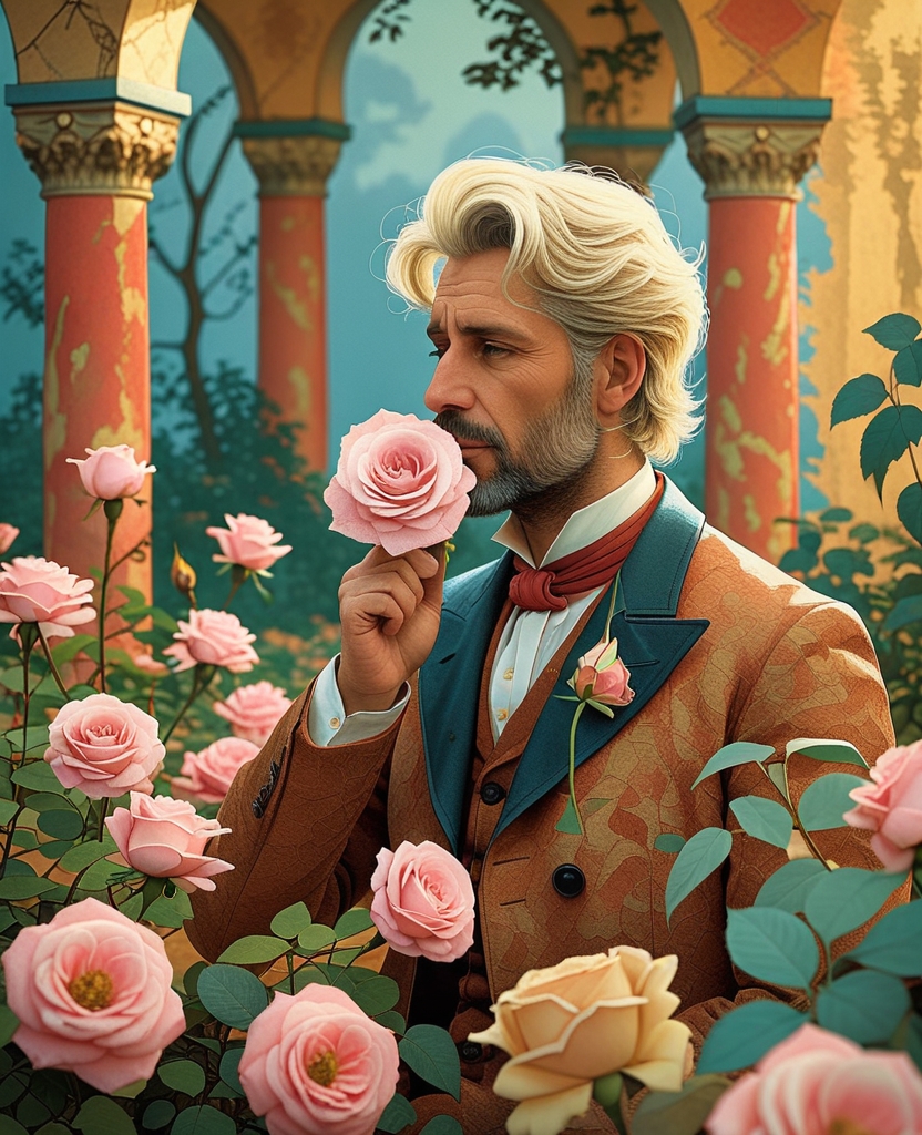 Moving ever so deliberately, savoring the pleasure of taking his turn, he plucked a pink rose from the garden, and bringing it to his lips, inaudibly whispered a mysterious poem into its petals.