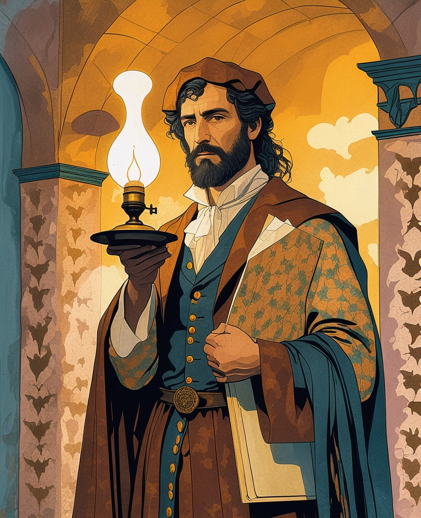 In addition to paper and a writing board, he carried an oil lamp in his hand, which cast shadows over his face rather than illuminating it.