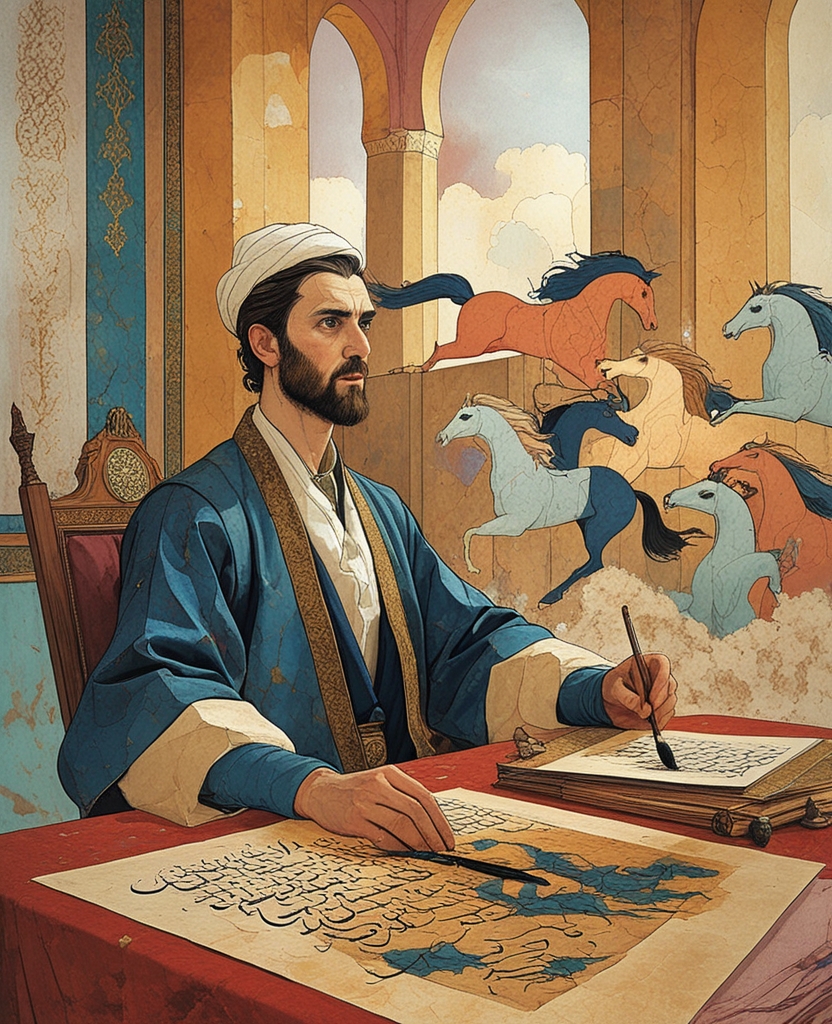 To share these wonders with lovers of art, he hired a tall, pale-skinned, pink-complected, green-eyed calligrapher’s apprentice to whom he dictated exactly how to draw the marvelous horses that appeared to him in God’s divine darkness—as he would’ve drawn them had he been able to hold a brush in his hands.
